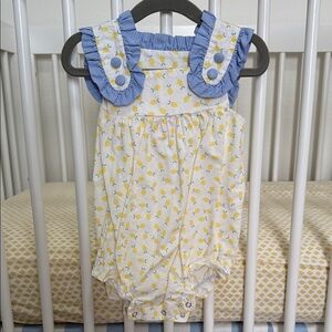 Kids White and Yellow Lemon Print One-Piece Romper with Blue Trim